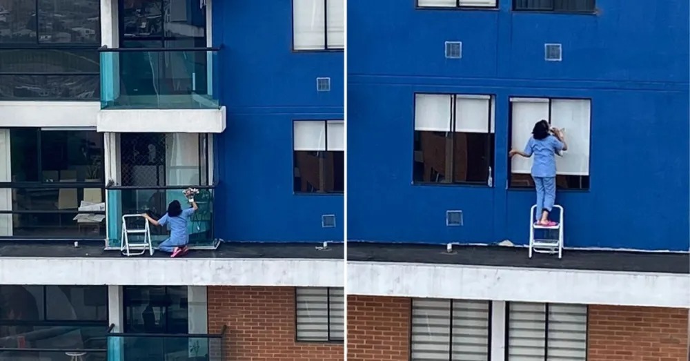 ¡Qué bárbara! Mujer arriesga su vida para limpiar las ventanas de un apartamento a 23 pisos de altura