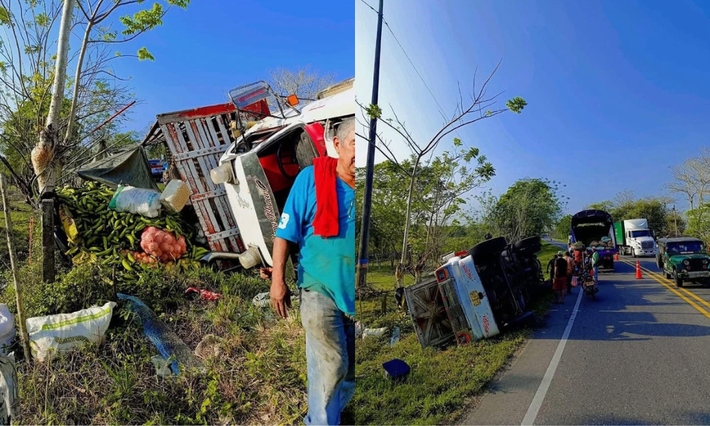 Camión cargado de plátanos se volcó en la vía Chinú-Sincelejo, milagrosamente no fue saqueado